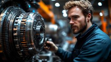 A technician is engrossed in inspecting sophisticated machinery within a bustling factory environment. The atmosphere reflects a commitment to precision and safety in industrial practices. photo