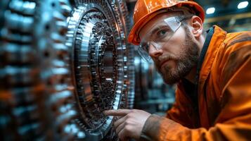 A technician in an orange work uniform and helmet inspects machinery components closely in a factory setting. The focus is on ensuring equipment is functioning properly for safety and efficiency. photo