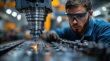 A skilled worker in safety glasses and gloves meticulously operates a CNC machine in a busy factory, ensuring high-quality production standards. Sparks fly as machinery runs efficiently. photo