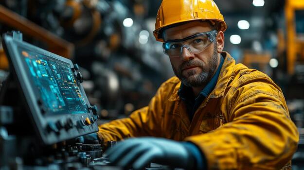 A technician wearing safety gear controls sophisticated machinery in a well-lit factory, showcasing automation in a busy workshop environment. The focus is on precision and engineering. photo