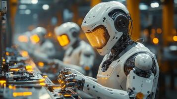 In a bustling manufacturing facility, multiple robots equipped with advanced technology are efficiently assembling components on a conveyor line. photo