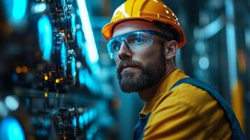 A skilled worker in safety gear inspects automated machinery in a high-tech factory. The environment showcases advanced engineering and equipment for efficient manufacturing. photo