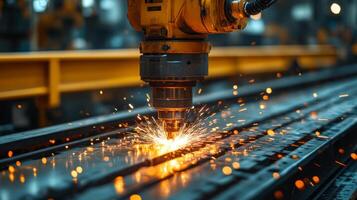 In an advanced manufacturing facility, a robotic arm performs precision cutting on metal tracks, creating bright sparks. This showcases automated engineering and efficiency in action. photo