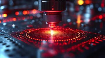 A laser cutter operates on a metal surface, showcasing precision engineering and automation in a modern manufacturing facility. Bright lights illuminate the workspace, enhancing efficiency. photo
