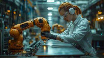 A technician wearing protective gear operates a robotic arm in a state-of-the-art manufacturing facility. The automation enhances precision in production processes. photo