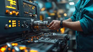 A technician is actively engaged in operating advanced machinery within a busy manufacturing workshop. The workspace is equipped with automated systems designed to enhance safety and efficiency. photo