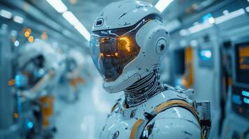 In a high-tech factory, a humanoid robot stands ready for tasks, showcasing advanced engineering and automation technologies. The bright, sleek environment enhances efficiency. photo