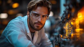 A skilled engineer examines complex automation machinery in a busy manufacturing plant, ensuring efficiency and safety protocols are followed, as warm lights glow from the equipment. photo