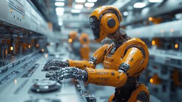 In a high-tech manufacturing facility, robotic arms efficiently assemble products on a conveyor line. The environment showcases advanced automation technology aimed at improving production efficiency. photo