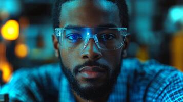 A dedicated engineer wearing safety glasses intensely focuses on machinery within a bustling manufacturing environment. The bright lights highlight his concentration on the assembly process. photo
