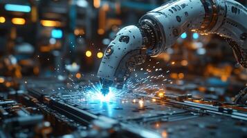 Advanced robotic machinery is performing welding operations in a modern manufacturing facility, enhancing automation and production efficiency. Bright sparks illuminate the workspace. photo
