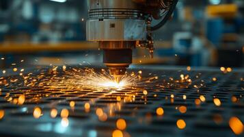A robotic laser cutter operates in a modern manufacturing plant, creating sparks as it precision-cuts metal sheets. Automation transforms production efficiency while ensuring high-quality results. photo