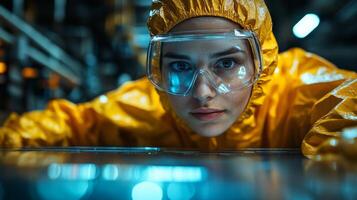 A dedicated worker is inspecting machinery on an assembly line in a high-tech manufacturing facility. The individual is wearing protective gear, ensuring safety while engaged in production processes. photo