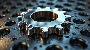 A metallic gear rests prominently on a textured surface within a manufacturing facility. The setting highlights the precision of machinery and the intricate details of industrial production processes. photo
