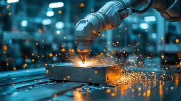 In a bustling factory setting, a robotic arm precisely uses welding technology on a metal block, emitting bright sparks. This highlights advanced automation in modern manufacturing. photo