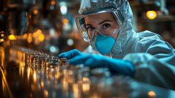An employee in full protective gear inspects complex machinery in a manufacturing facility. The environment is illuminated with soft lighting, emphasizing safety in the industrial workspace. photo