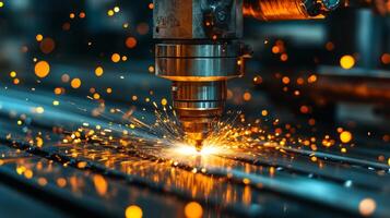 A laser cutter focuses on metal sheets in a manufacturing facility, generating sparks and precision cuts. Advanced machinery showcases automation in the production process. photo