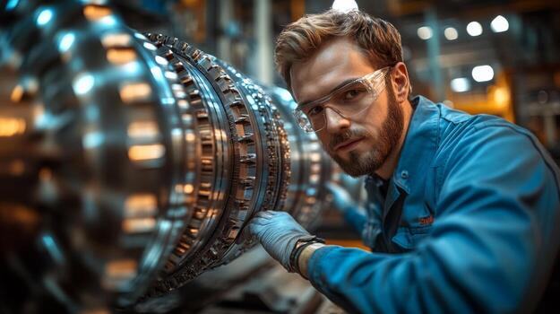 A skilled technician inspects intricate machinery components in a bustling manufacturing workshop. The focus is on precision and safety while ensuring optimal performance of equipment. photo