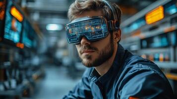 A focused worker engages with advanced virtual reality technology in a bustling manufacturing facility. The environment showcases automation and engineering innovations essential for modern industry. photo