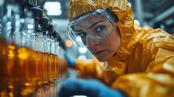 A woman in a yellow protective suit and goggles examines bottles of liquid on a production line in a factory. The automated machinery operates behind her while she ensures quality. photo