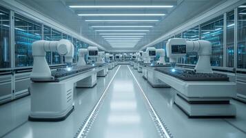 State-of-the-art robotic arms operate along conveyor belts in a high-tech manufacturing environment, showcasing advanced automation and engineering techniques to increase production efficiency. photo