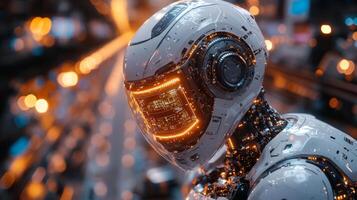 A futuristic robot stands prominently within a high-tech factory, highlighting advancements in engineering and automation. The intricate design showcases glowing elements and sophisticated technology. photo