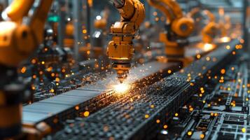 A high-tech factory features multiple robotic arms engaging in precise tasks along a conveyor system. Sparks fly as automated machines enhance production efficiency and accuracy. photo