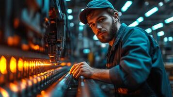 A skilled worker focuses intently while operating precision machinery in a contemporary manufacturing plant. The environment is vibrant with automated systems and orange lighting. photo
