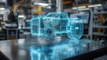 A digital representation of heavy machinery is displayed on a table in a high-tech manufacturing workshop. Engineers are utilizing automation tools to enhance design. photo
