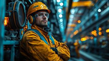 A skilled worker wearing safety gear stands confidently in a sprawling factory, monitoring automated machinery and ensuring efficient production processes during a busy work shift. photo