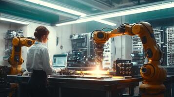 A technician works with robotic arms in a manufacturing workshop, using a laptop to manage automation equipment. The well-lit environment showcases advanced industrial technology. photo