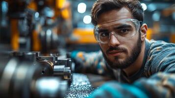 A skilled worker focuses on precision machining tasks in a bustling manufacturing facility. High-tech machinery surrounds him as he ensures quality in production processes. photo