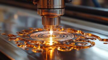 A laser cutting machine operates in a modern manufacturing facility, crafting intricate designs in metal. The setup shows advanced technology enhancing production efficiency. photo