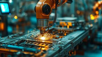 A robotic arm performs precision welding on metal parts within a busy factory. Sparks fly as automation technology drives efficiency in manufacturing processes. photo