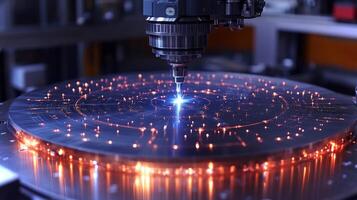 A precision machining operation utilizes advanced robotics and AI technology to automate processes in a modern factory, improving efficiency and output. photo