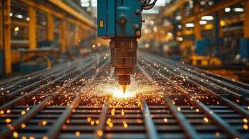 A laser cutting machine operates in a bustling manufacturing facility, igniting sparks as it processes metal sheets. The setting reflects modern automation and precision engineering. photo