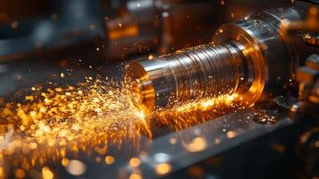 In a modern factory, a metal machining process is taking place, generating bright sparks as the machinery works efficiently. photo