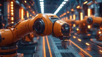 A robotic arm is positioned in a well-lit factory, demonstrating automated tasks on a conveyor belt. The scene highlights innovative engineering and increased production efficiency with AI technology. photo
