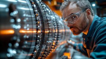 A focused engineer examines intricate machinery in a modern manufacturing facility. The worker ensures safety measures while adjusting components, showcasing precision and expertise in automation. photo