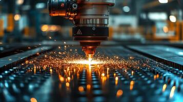 A high-tech laser cutting machine operates in a manufacturing facility, generating sparks as it precisely cuts through metal sheets. The environment showcases advanced automation technology. photo