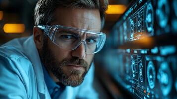 A skilled engineer inspects intricate data displays within a modern manufacturing facility. Safety gear is worn as the focus is on advanced automation technology and engineering practices. photo