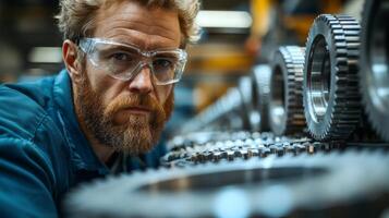 An engineer wearing safety glasses closely examines precision gears arranged in a factory setting, ensuring quality during the automated production process. photo
