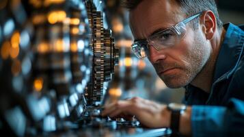 An engineer examines intricate components of machinery in a modern factory. The workspace highlights advanced automation equipment and safety measures, reflecting a commitment to quality. photo