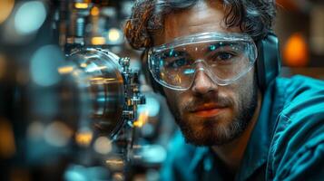 A technician examines sophisticated equipment in a busy factory environment, wearing protective gear while ensuring optimal performance and safety standards. photo