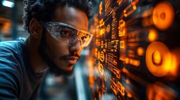 An engineer wearing safety glasses closely examines complex automation data on a high-tech display in a busy manufacturing facility. photo