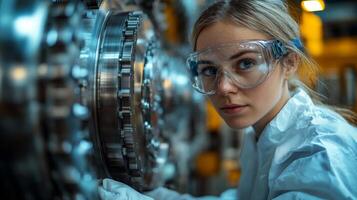 A skilled engineer inspects complex machinery in a modern manufacturing facility, ensuring optimal performance and efficiency in production. The environment showcases advanced industrial automation. photo