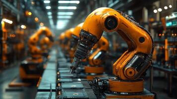Robotic arms are deployed on a conveyor system in a large manufacturing facility. These machines enhance productivity and streamline operations through automation and engineering innovations. photo