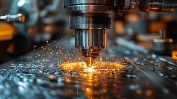 Advanced machinery performs precision cutting, creating bright sparks as metal is processed in a modern, automated manufacturing facility. photo