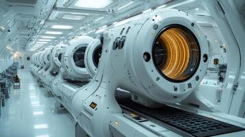 A high-tech manufacturing facility features advanced robotic systems seamlessly integrated into the production line, showcasing automation and engineering efficiency. photo