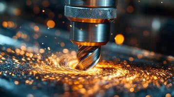 A metal cutting tool operates on a workpiece, generating sparks and enhancing production efficiency in an advanced manufacturing facility during daytime. photo